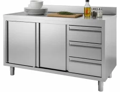 Arbeitsschrank mit Schiebetüren, Schubladen, Aufkantung B 160cm x T 60cm