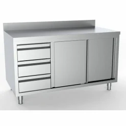Arbeitsschrank mit Schiebetüren, Schubladen Links, Aufkantung 2000x700x850mm