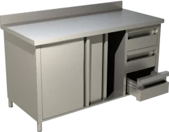 Arbeitsschrank mit Schiebetüren, Schubladen und Aufkantung B 200cm x T 60cm
