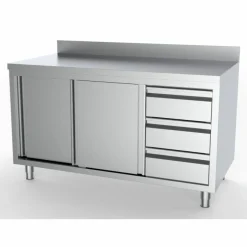 Arbeitstisch 1400 mm, Schiebetüren, Schubladen rechts, mit Aufkantung, 700 mm tief