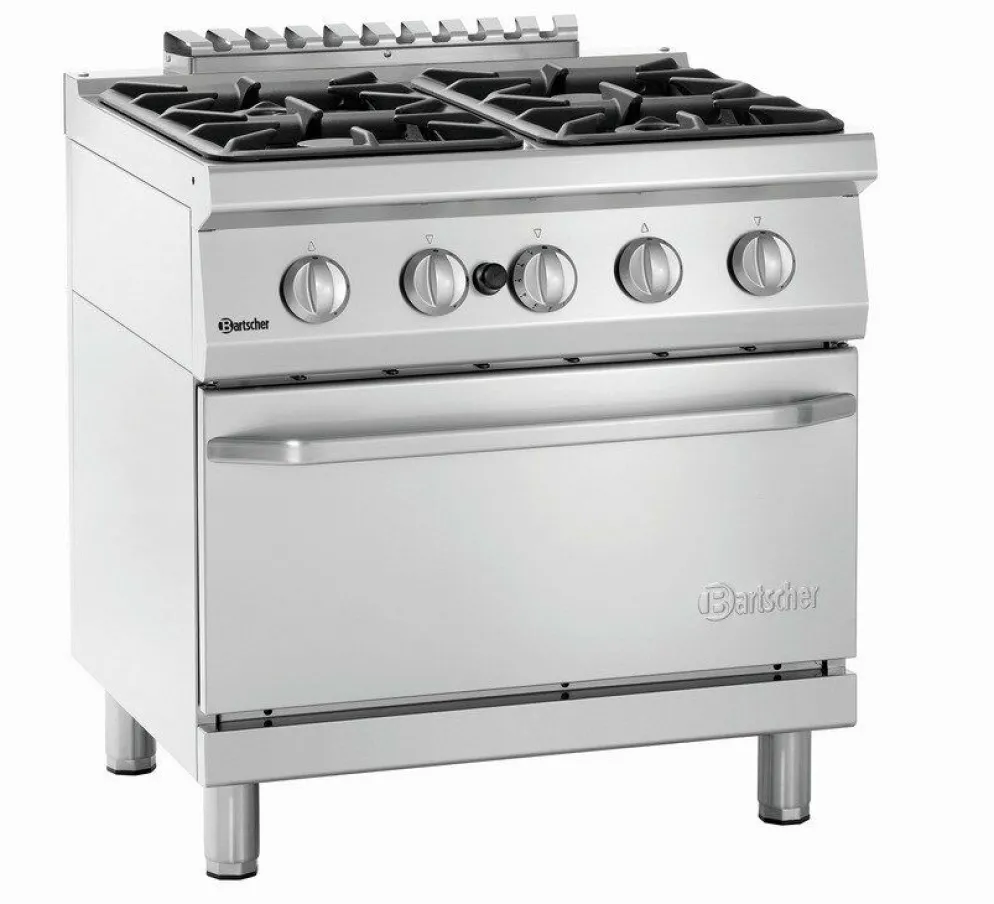 Bartscher 4 Flammen Gasherd GB21 mit Gasbackofen 2/1 GN, Breite 800mm, Tiefe 700mm