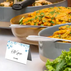 Buffet-Tischaufsteller Blau mit Logo und beschriftbar (250 Stk)