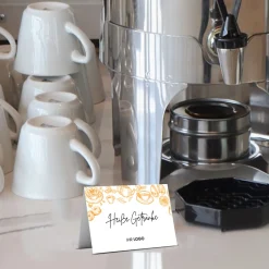 Buffet-Tischaufsteller Gelb mit Logo und beschriftbar (250 Stk)