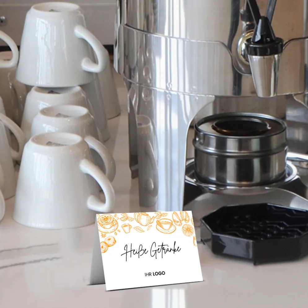 Buffet-Tischaufsteller Gelb mit Logo und beschriftbar (250 Stk)