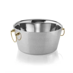 Champagnerkühler, mit Messinggriffen, Ø 34 cm, Höhe 17 cm, doppelwandig, gehämmerte Oberfläche, Chromnickelstahl, Messing