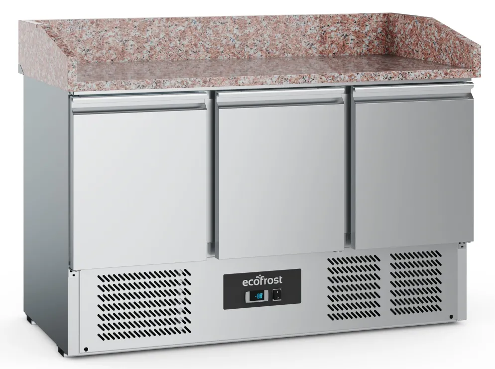 ecoFrost Pizzatisch 3 Türen, Granitarbeitsplatte. 1400x700x1020mm