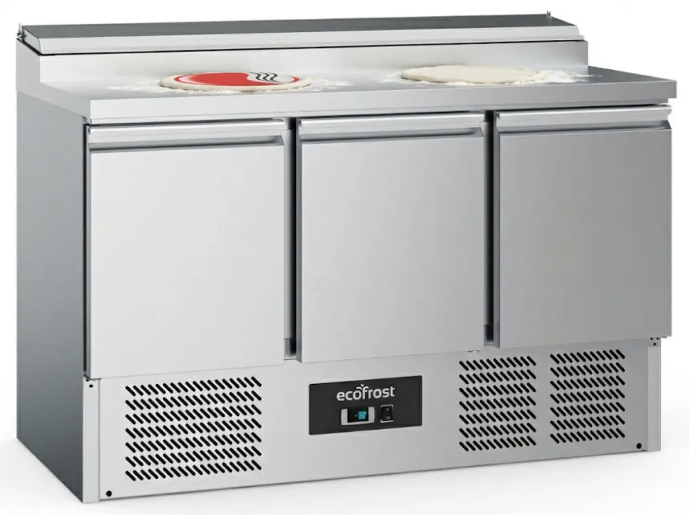 ecoFrost Saladette Pizzatisch 3 Türen für 8x 1/6 GN Behälter, Breite 1365mm