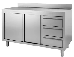 Edelstahl Arbeitsschrank 1200x600x880mm, Drehtüren, 3 Schubladen, Aufkantung
