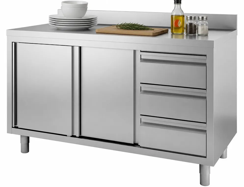 Edelstahl Arbeitsschrank 2000x700x880mm, Schiebetüren, 3 Schubladen, Aufkantung