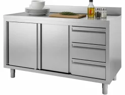 Edelstahl Arbeitsschrank 1400x600x880mm, Schiebetüren, 3 Schubladen, Aufkantung