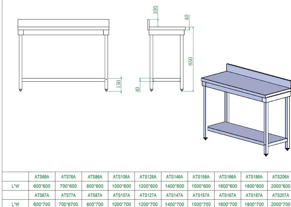 Edelstahl Arbeitstisch Breite 1000x700 mm mit Aufkantung, Grundboden