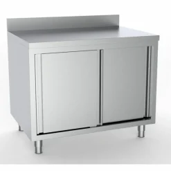 Edelstahl Arbeitstisch mit Schiebetüren und Aufkantung – 1200x600mm