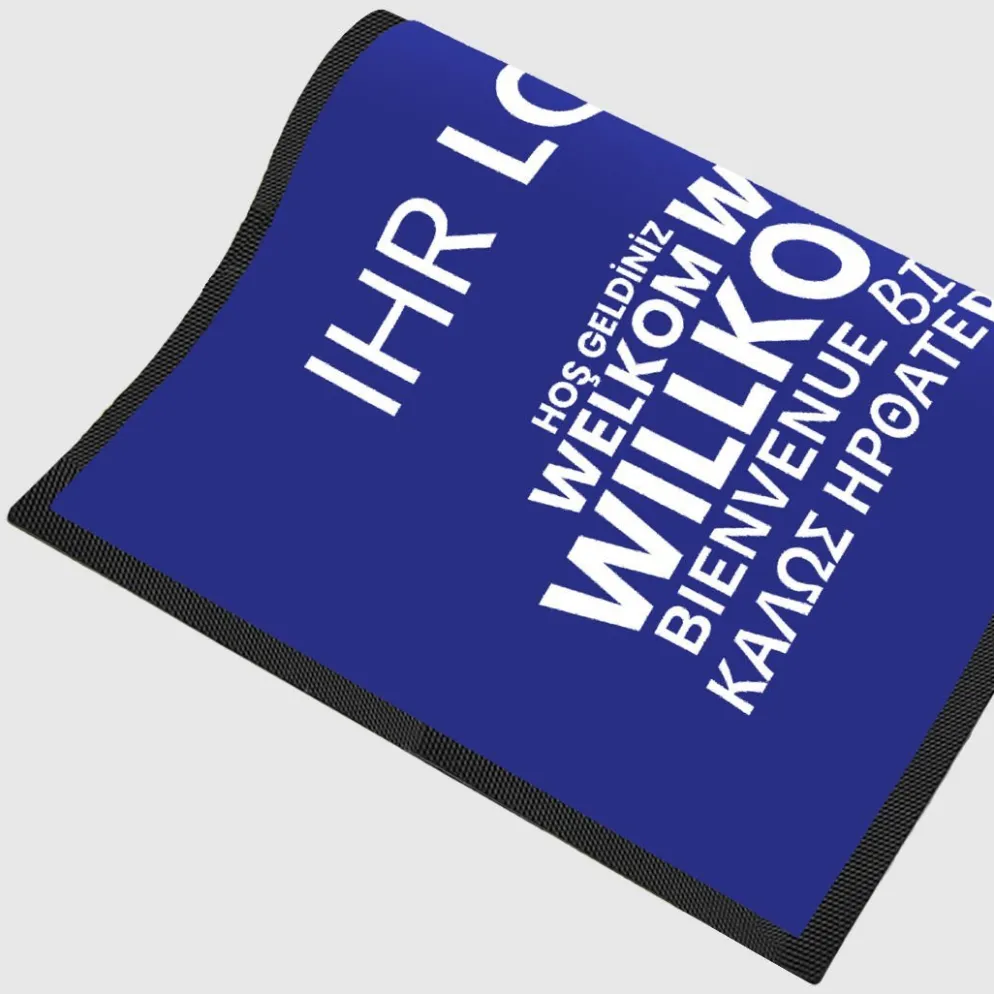 Fussmatte Willkommen blau mehrsprachig mit Logo, 80x120cm