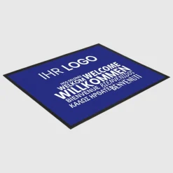 Fussmatte Willkommen blau mehrsprachig mit Logo, 80x120cm