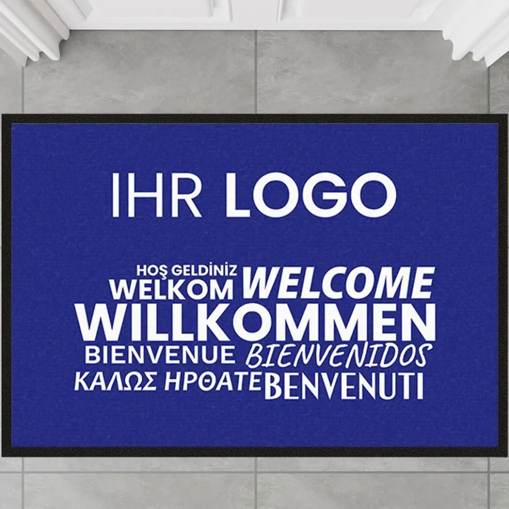 Fussmatte Willkommen blau mehrsprachig mit Logo, 80x120cm