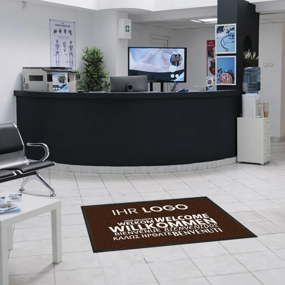 Fussmatte Willkommen braun mehrsprachig mit Logo, 80x120cm