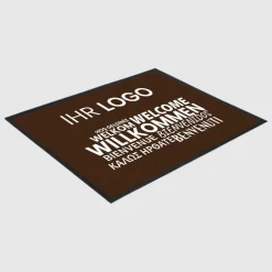 Fussmatte Willkommen braun mehrsprachig mit Logo, 80x120cm