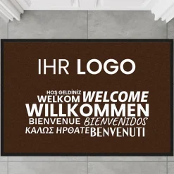 Fussmatte Willkommen braun mehrsprachig mit Logo, 80x120cm