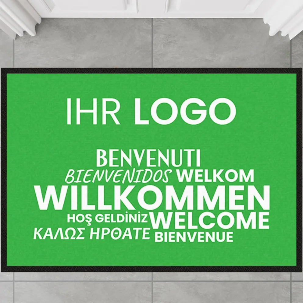 Fussmatte Willkommen grün mehrsprachig mit Logo, 80x120cm