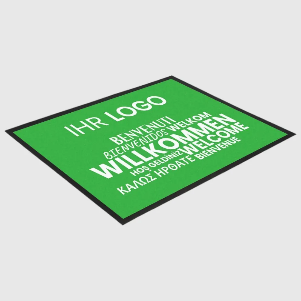 Fussmatte Willkommen grün mehrsprachig mit Logo, 80x120cm