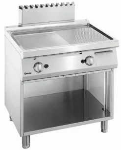 Gas Griddleplatte mit Stahlplatte 1/2 glatt und 1/2 gerillt, offener Unterbau B 800 x T 700mm