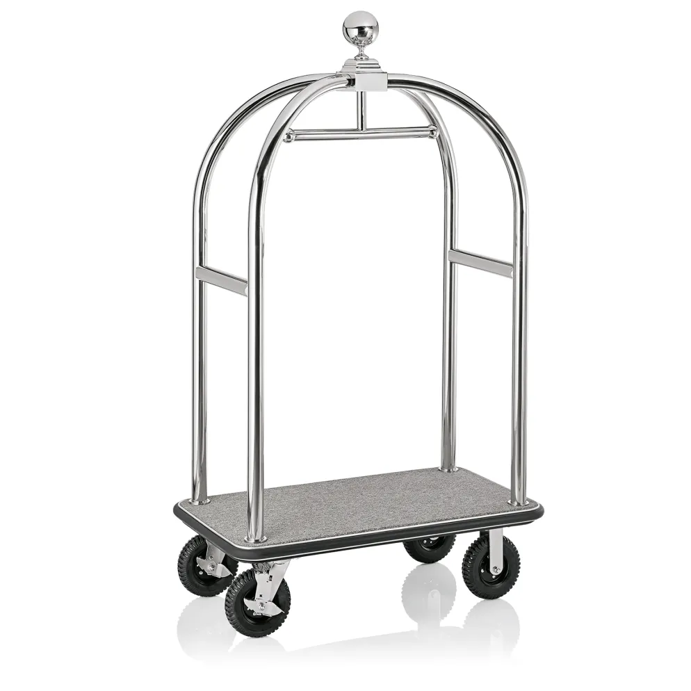 Gepäckwagen DRIFT, 112 x 60 x 190 cm, silberfarben, grauer Teppich