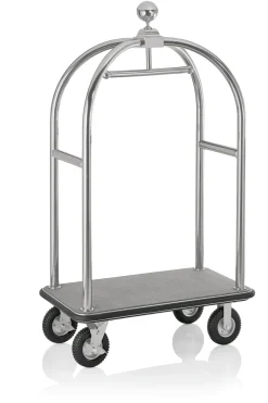 Gepäckwagen DRIFT, 112 x 60 x 190 cm, silberfarben gebürstet, grauer Teppich