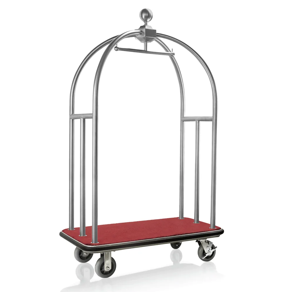 Gepäckwagen UNITY, 112 x 60 x 185 cm, silberfarben gebürstet, roter Teppich