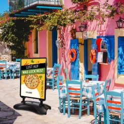 Kundenstopper SNE600 für Pizzeria mit A1-Plakat & Logo