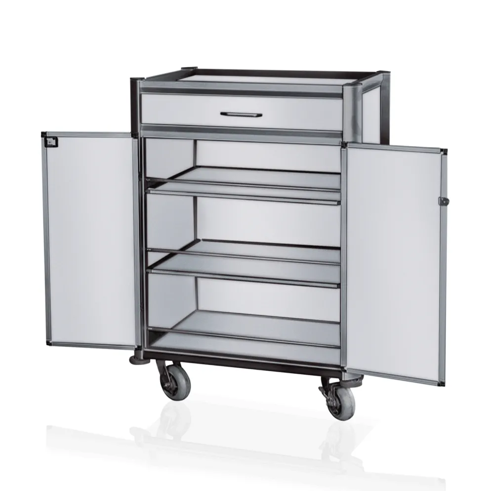 Minibar Servicetrolley, 85 x 60 x 135 cm, weiß, dunkle Kanten, Aluminium, MDF