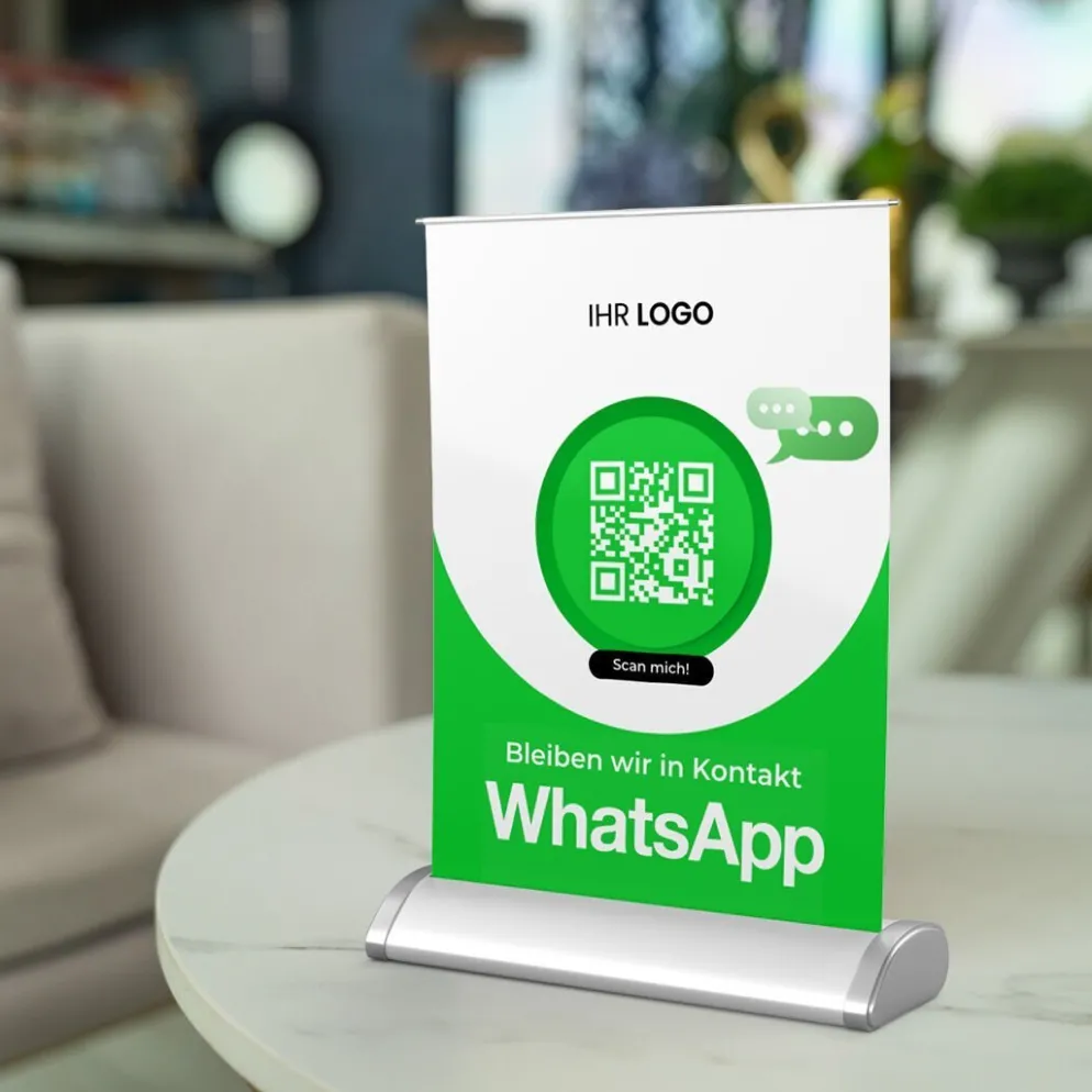 Mini-Roll-Up Tischaufsteller für WhatsApp WA20 mit QR-Code+Logo