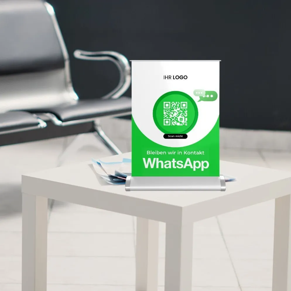 Mini-Roll-Up Tischaufsteller für WhatsApp WA20 mit QR-Code+Logo