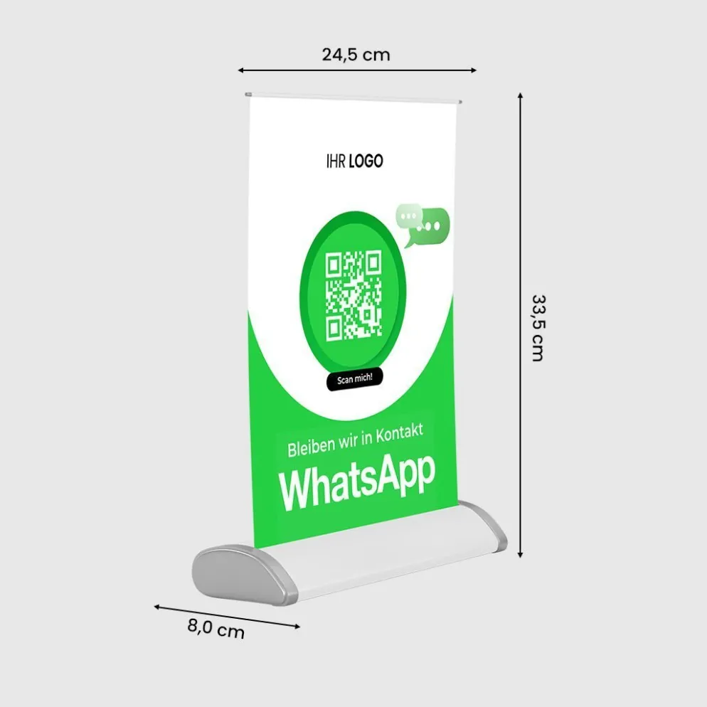 Mini-Roll-Up Tischaufsteller für WhatsApp WA20 mit QR-Code+Logo