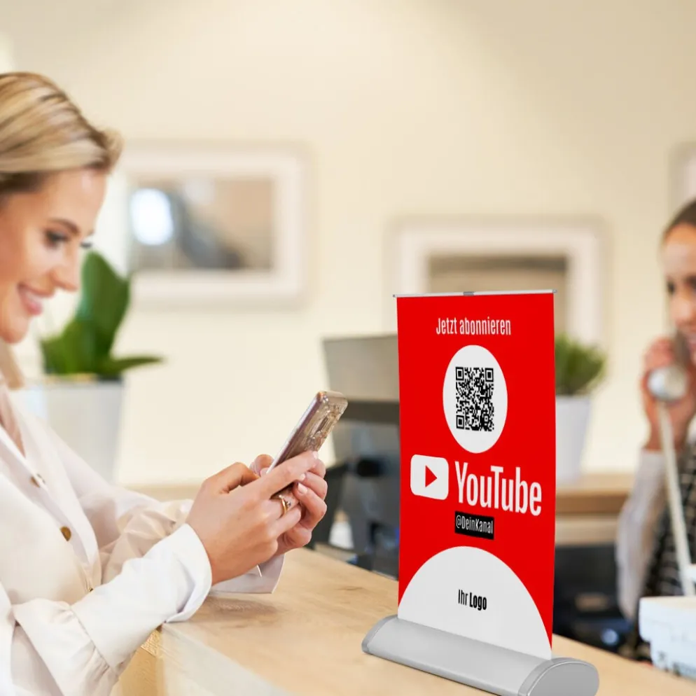 Mini-Roll-Up Tischaufsteller für Youtube YOU70 mit QR-Code+Logo