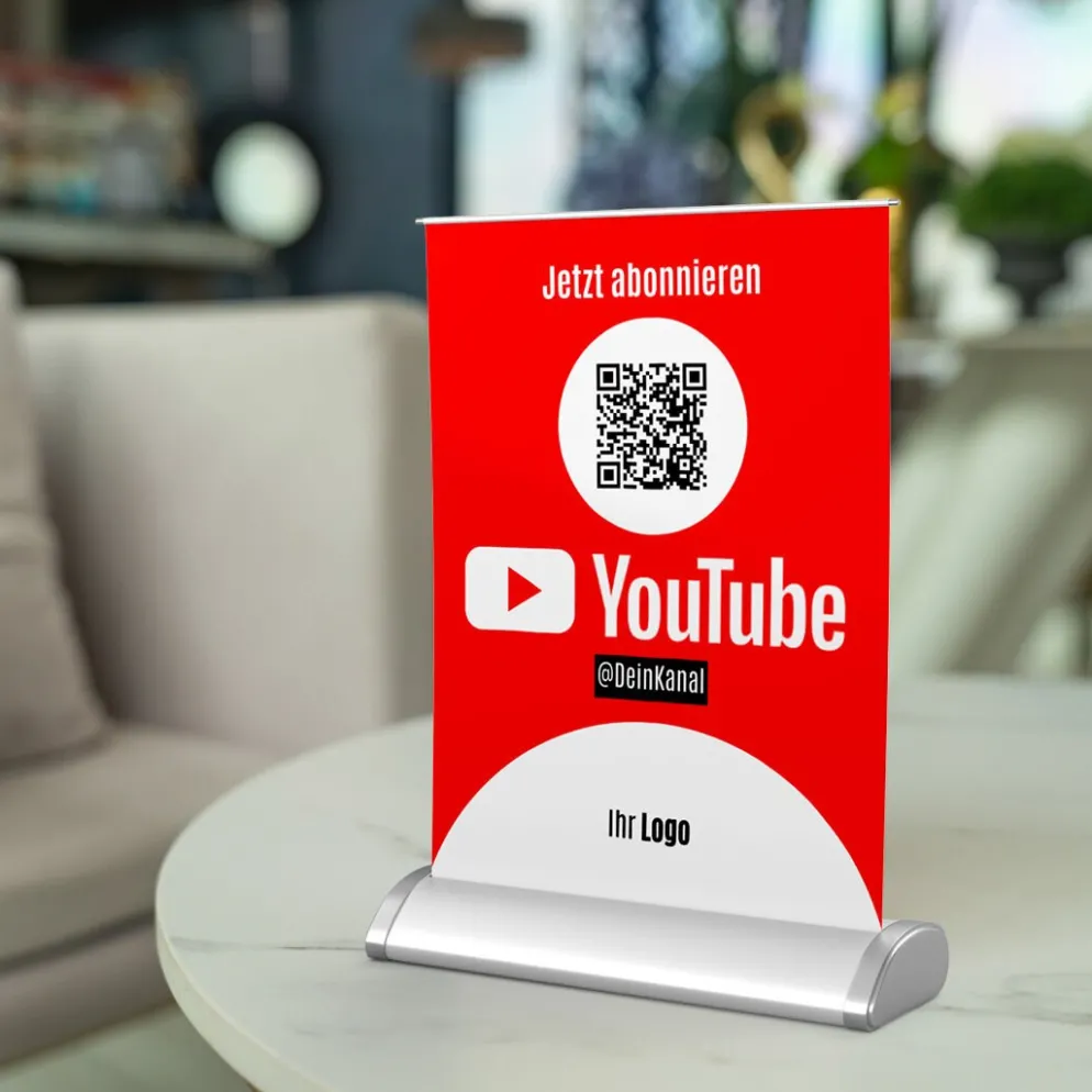 Mini-Roll-Up Tischaufsteller für Youtube YOU70 mit QR-Code+Logo
