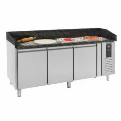 Pizzatisch mit 3 Türen, schwarzer Granit-Arbeitsplatte, Breite 2025mm