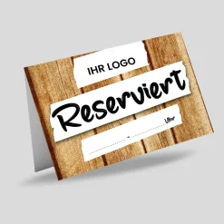 Reserviert-Tischschild Wood-Motiv mit Uhrzeit-Feld & Logo (250 Stk.)