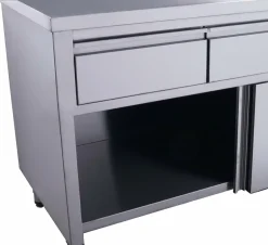 SARO Edelstahl Arbeitsschrank, Schiebtüren, 2 Schubladen 1200x700x850mm