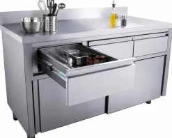 SARO Edelstahl Arbeitsschrank, Schiebtüren, 3 Schubladen 1600x700x850mm