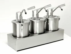 SCHNEIDER Saucenspender / Dosierspender Edelstahl mit Hebel und 3 x 5 Liter Behältern