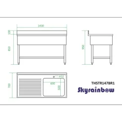 Spültisch, Breite 1400 mm, 1 Becken rechts, mit Aufkantung