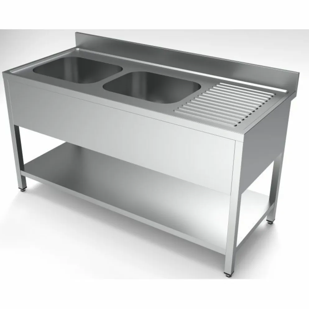Spültisch mit Grundboden, 2 Becken Links, 1600x700x850mm