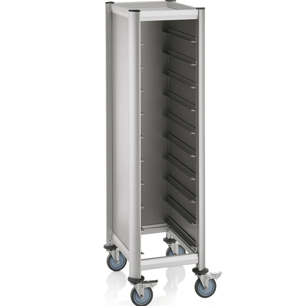 Tablettwagen MDF Holzoptik/Alu für 10x EN-Tabletts, silber
