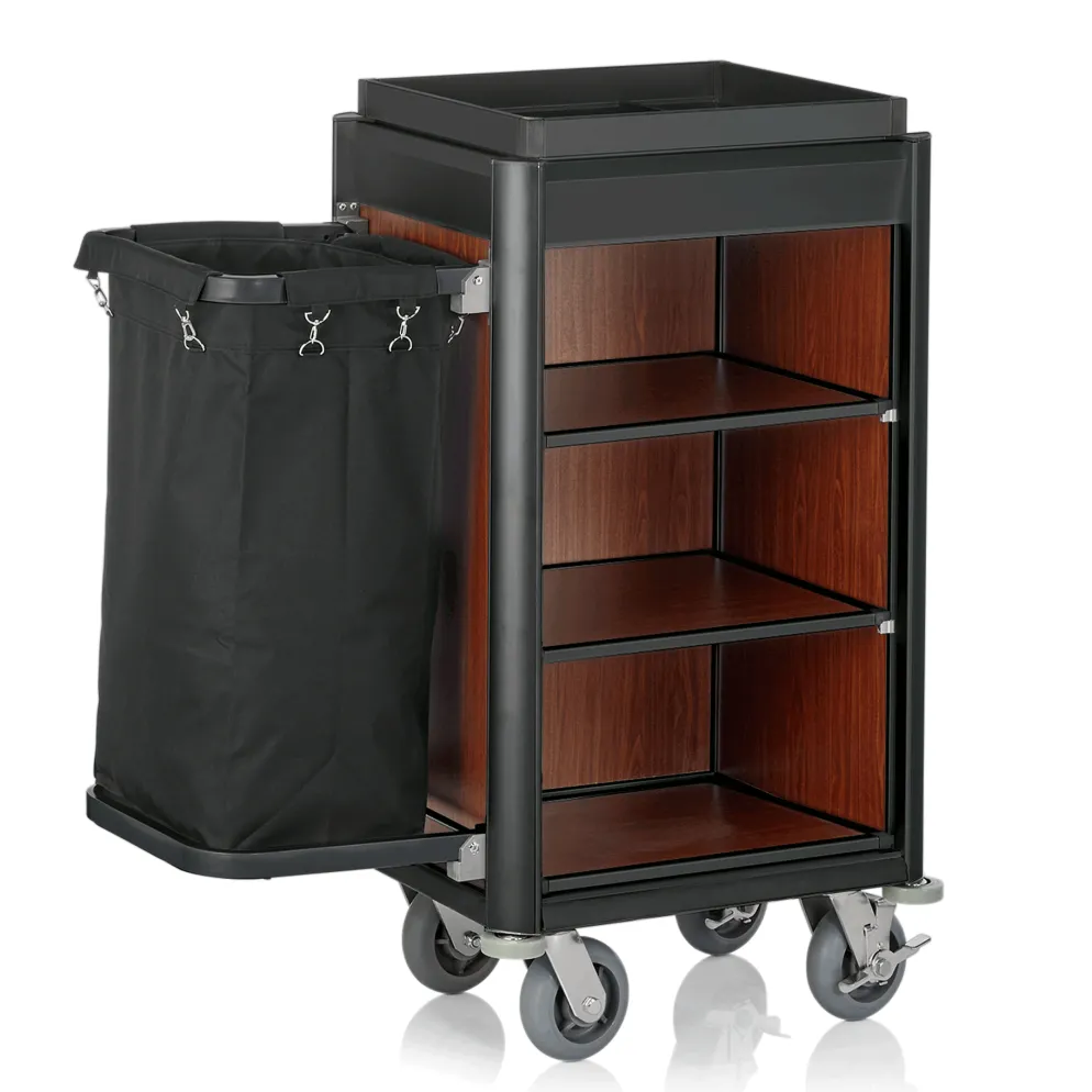 Zimmerservicewagen ISABELLA, 95 x 55 x 116 cm, schwarze Kanten, dunkle Holzoptik