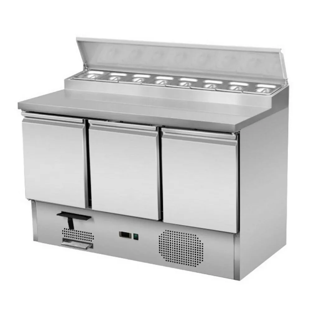 Zubereitungstisch Pizzatisch 3-türig mit Kühlaufsatz für 8x GN1/6, Breite 1370mm