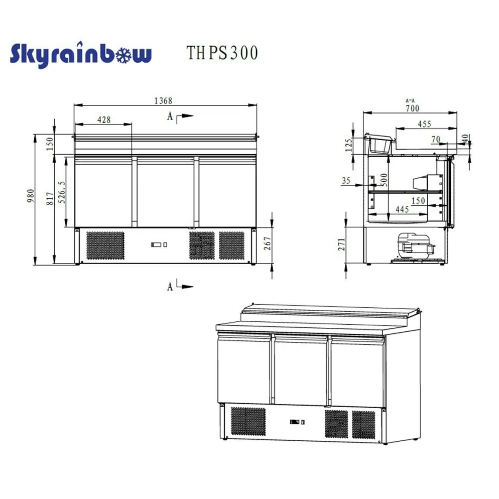 Zubereitungstisch Pizzatisch 3-türig mit Kühlaufsatz für 8x GN1/6, Breite 1370mm